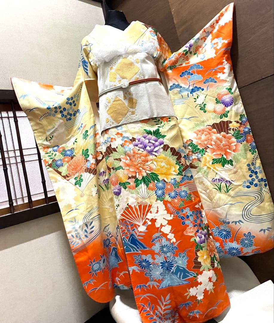 振袖 フルセット6点サイズM〜Ｌ 駒刺繍　扇面草花文　暈し染め　正絹