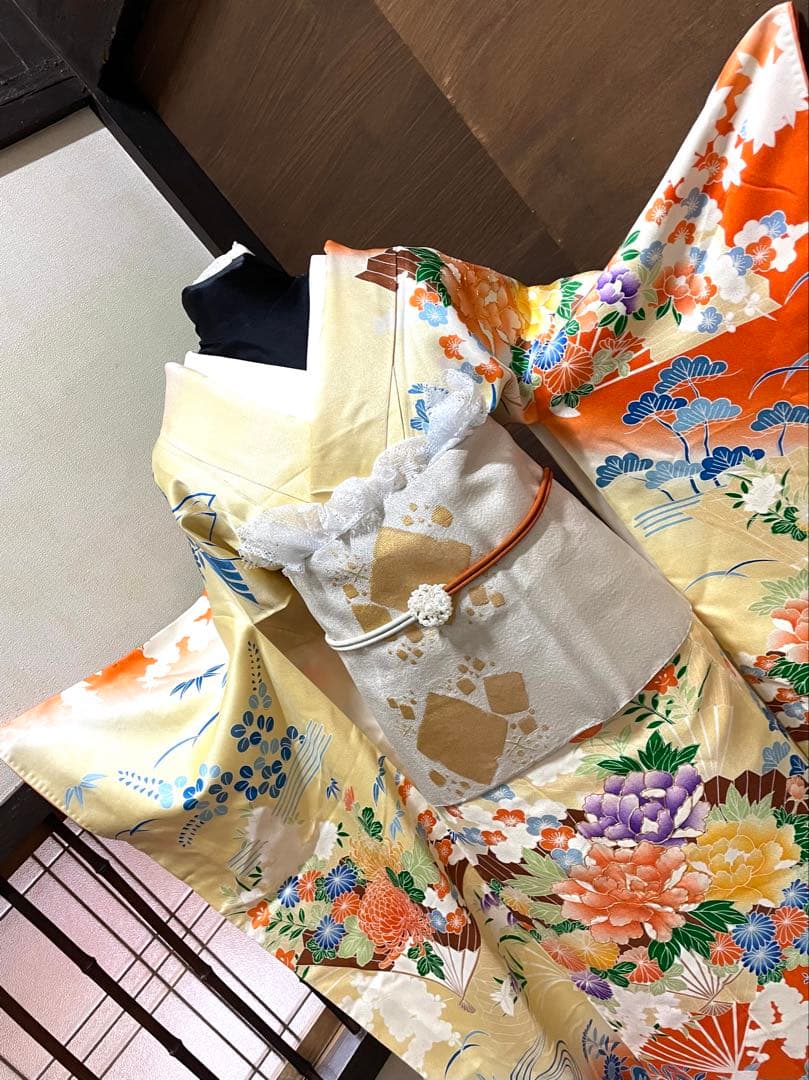 振袖 フルセット6点サイズM〜Ｌ 駒刺繍　扇面草花文　暈し染め　正絹