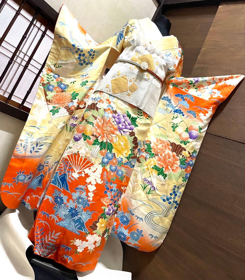 振袖 フルセット6点サイズM〜Ｌ 駒刺繍　扇面草花文　暈し染め　正絹