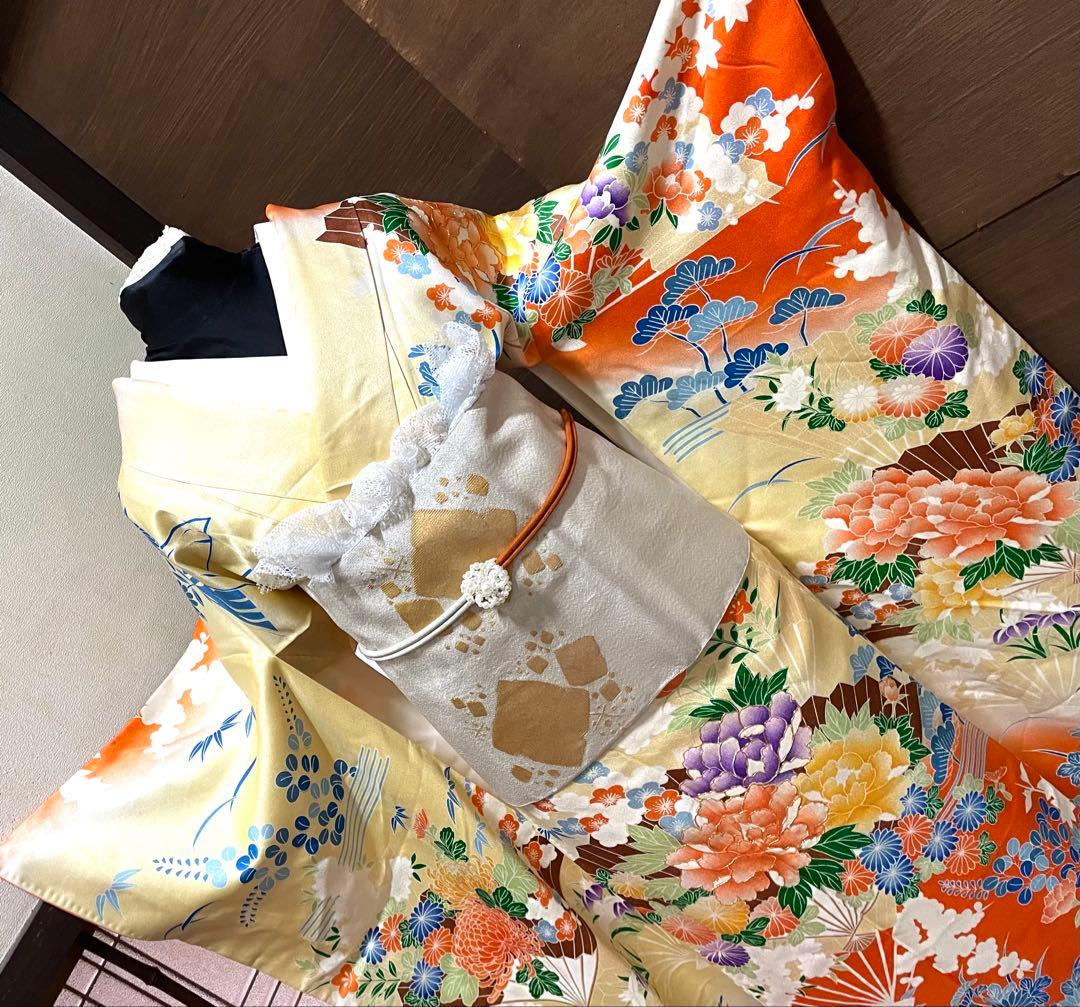 振袖 フルセット6点サイズM〜Ｌ 駒刺繍　扇面草花文　暈し染め　正絹