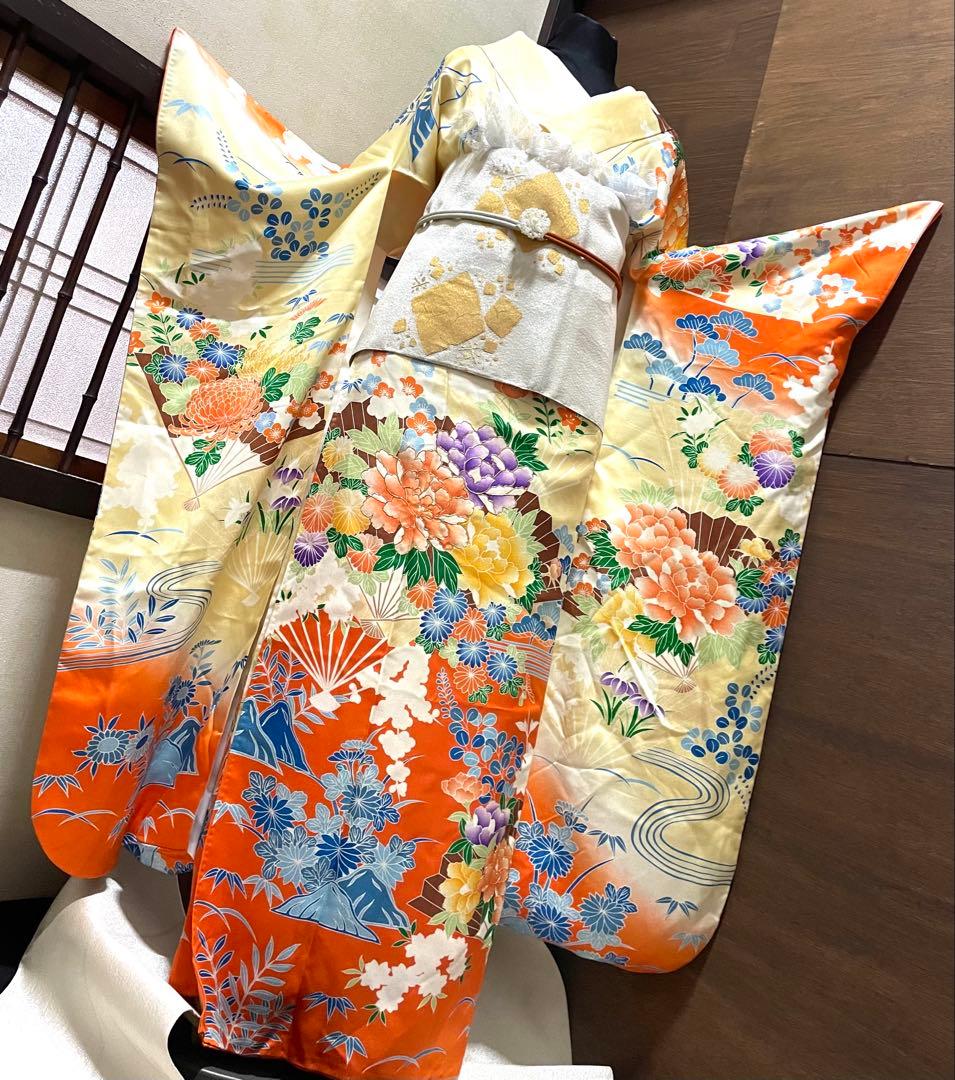 振袖 フルセット6点サイズM〜Ｌ 駒刺繍　扇面草花文　暈し染め　正絹