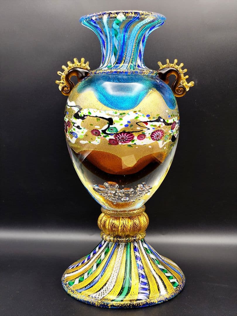 サイン有り☆現代の名工 黒木国昭 作 金彩象嵌「夢光琳」ヴェネチアレース 大花器