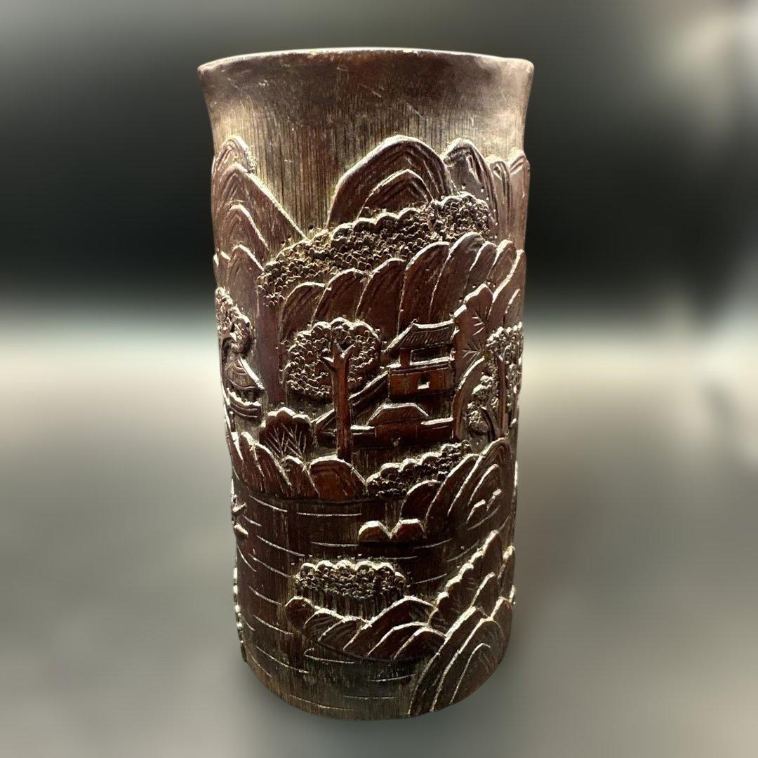 中国，竹彫刻，彫刻，置物，筆入り