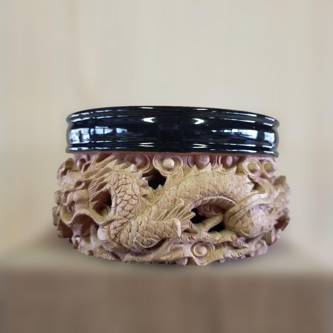 欅彫り香炉台４、５寸龍彫り