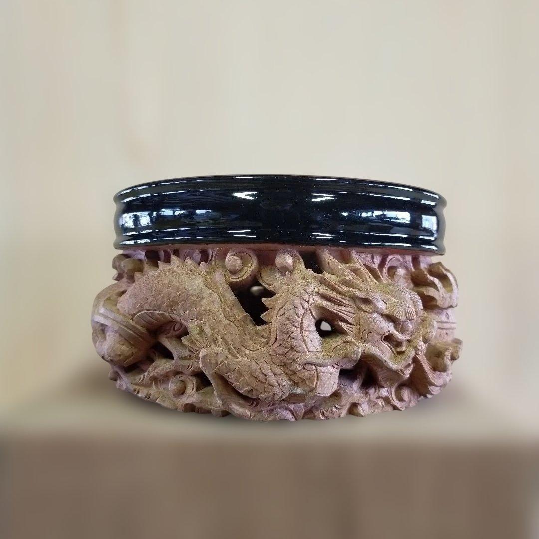 欅彫り香炉台４、５寸龍彫り