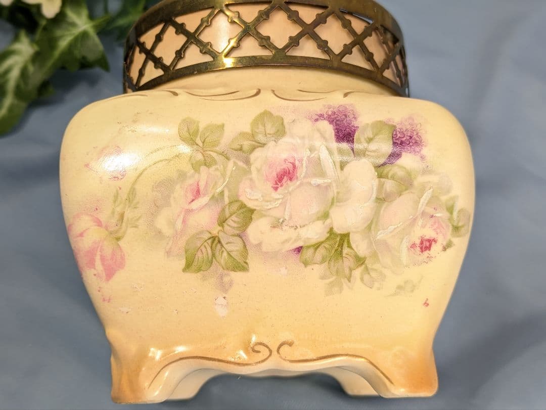 英国 アンティーク 陶器製 花器 一部ハンドペイント