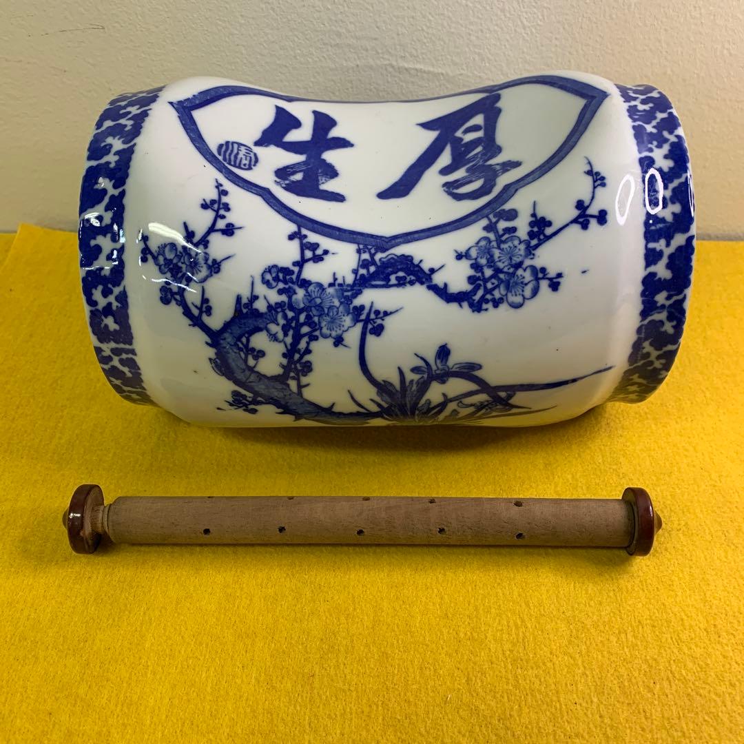 陶器の枕（陶枕）寿福の文字　染付花模様 和風磁器枕　松竹梅染付　アンティーク