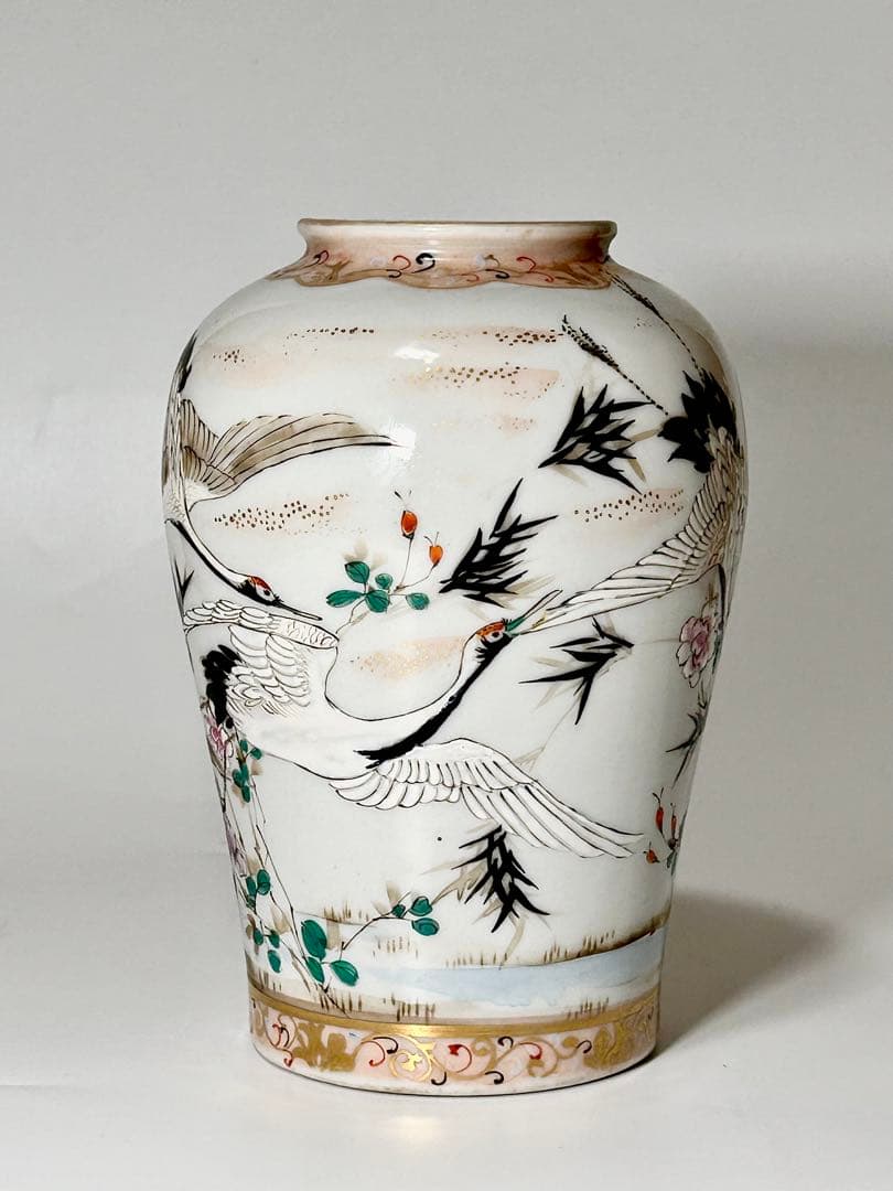 明治瀬戸の名工 加藤繁十 桃花園画 上絵飛鶴文花瓶 其の壱 名古屋絵付 瀬戸