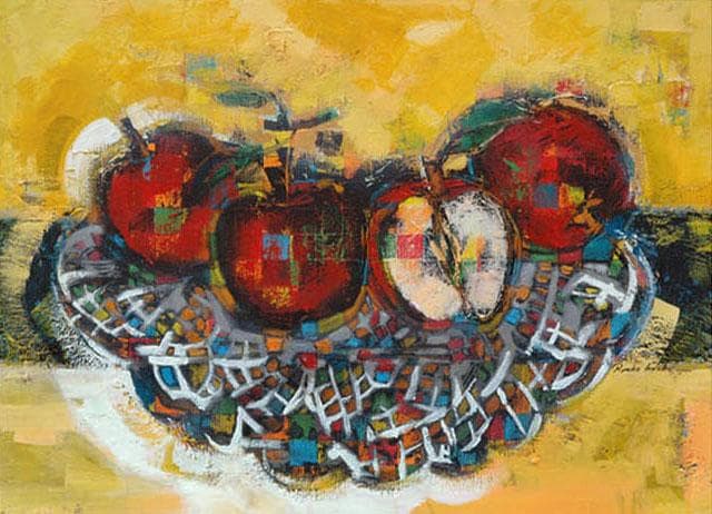 油絵 菅家令子 絵画インテリア 額付(青緑＋金色の枠)uF6-060110 果物