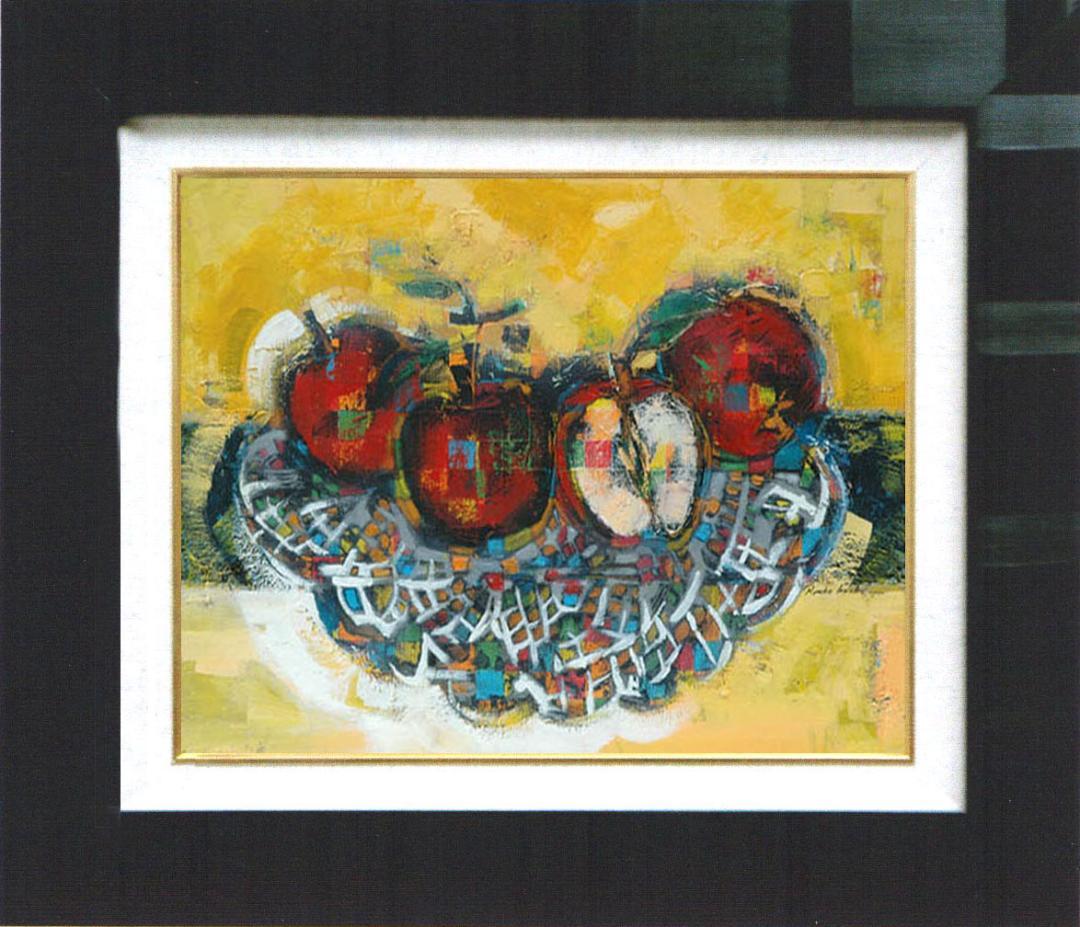 油絵 菅家令子 絵画インテリア 額付(青緑＋金色の枠)uF6-060110 果物