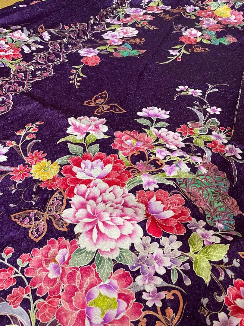 【美品】正絹振袖　ガード加工済　銀通し　振袖　成人式　結婚式　パープル　着物