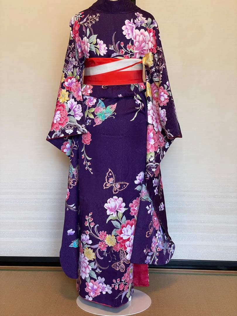 【美品】正絹振袖　ガード加工済　銀通し　振袖　成人式　結婚式　パープル　着物