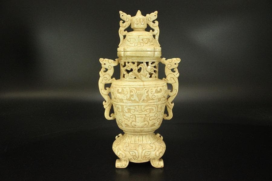 中国美術 砡石 刻 饕餮紋 香炉 置物(ZE575)