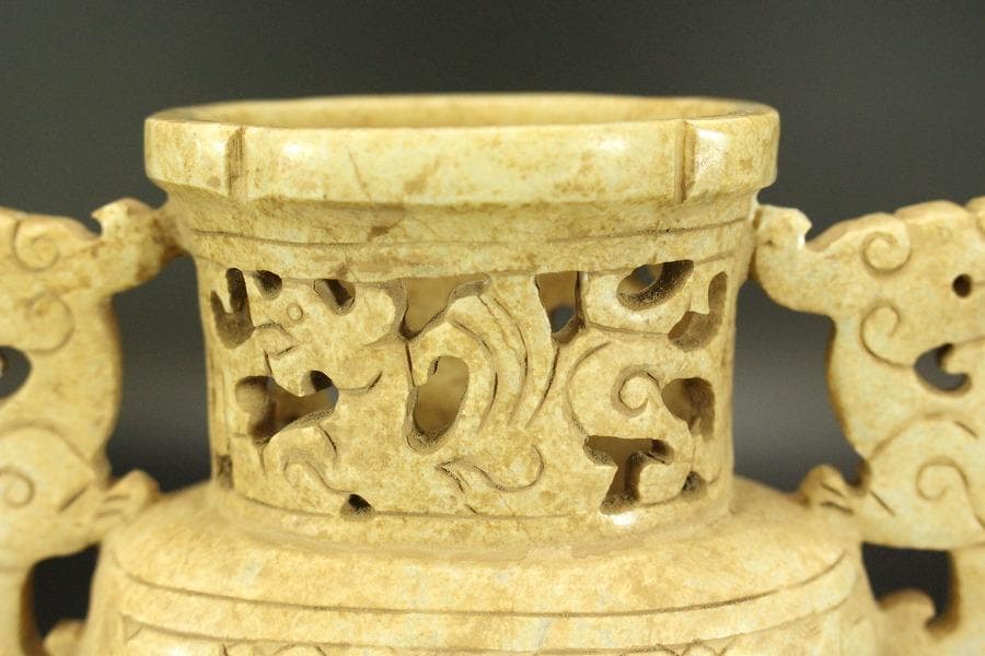 中国美術 砡石 刻 饕餮紋 香炉 置物(ZE575)