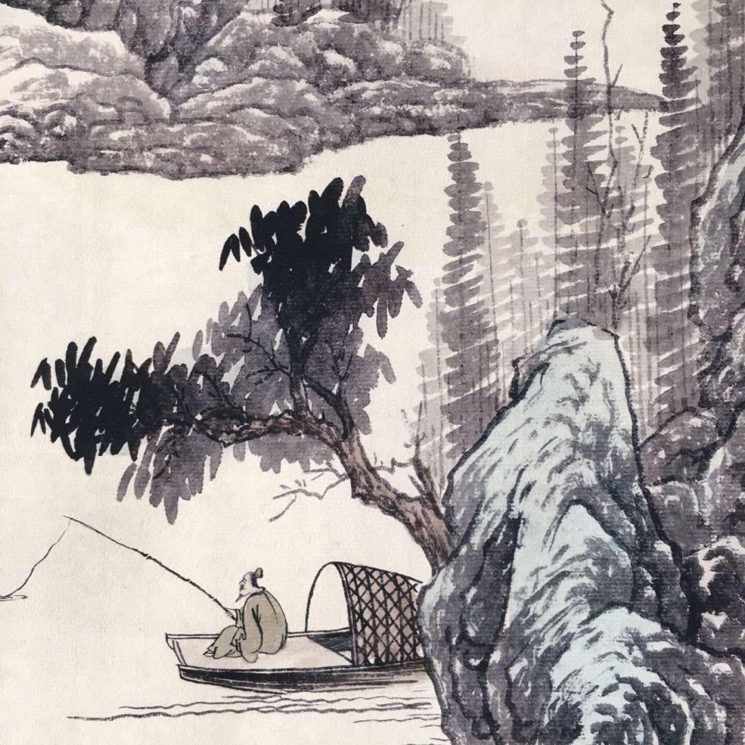 【唐伯虎・四条屏】「樵人晩帰図」掛軸セット　表装済み／163×38cm