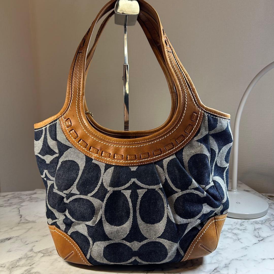 美品　COACH コーチ トートバッグ キャンバス シグネチャー デニム レザー