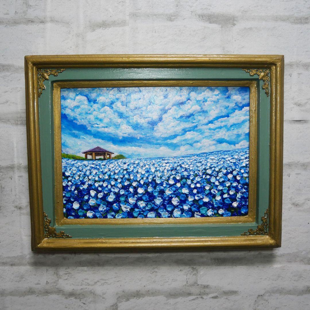 油絵 油彩 油彩画 絵 絵画【青空と雲のネモフィラ】