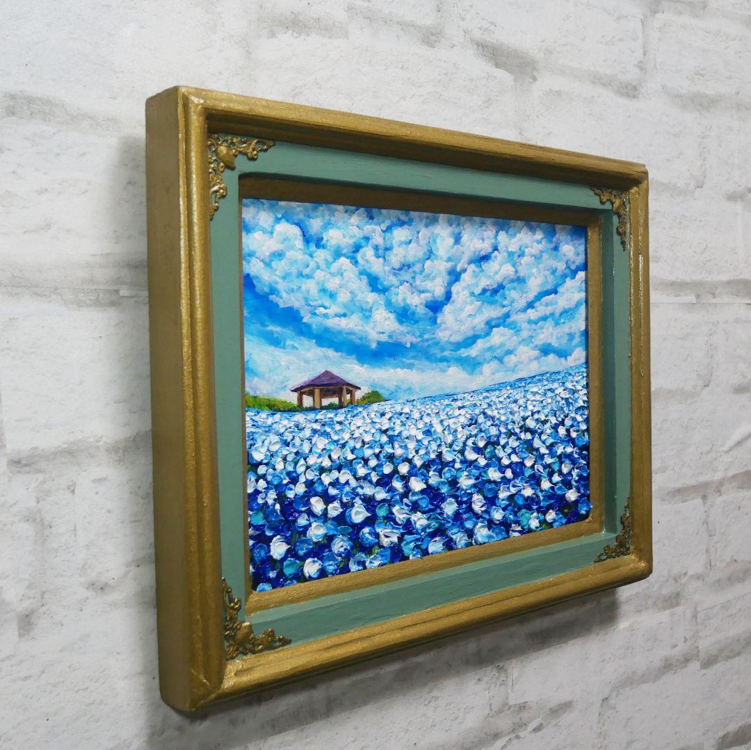 油絵 油彩 油彩画 絵 絵画【青空と雲のネモフィラ】