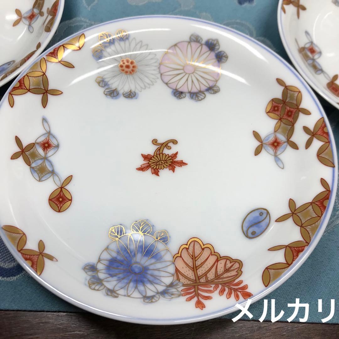 深川製磁　菊七宝　希少品　和皿揃　５枚１式　木箱入り　【廃番美品】