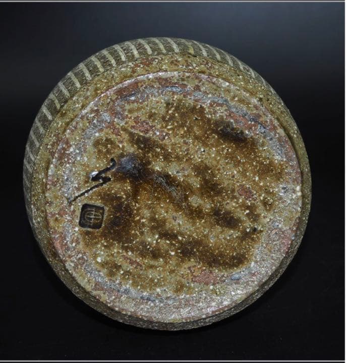 送料無料　伸也作　優雅な条紋ù灰釉花瓶　共箱　★完品無傷★