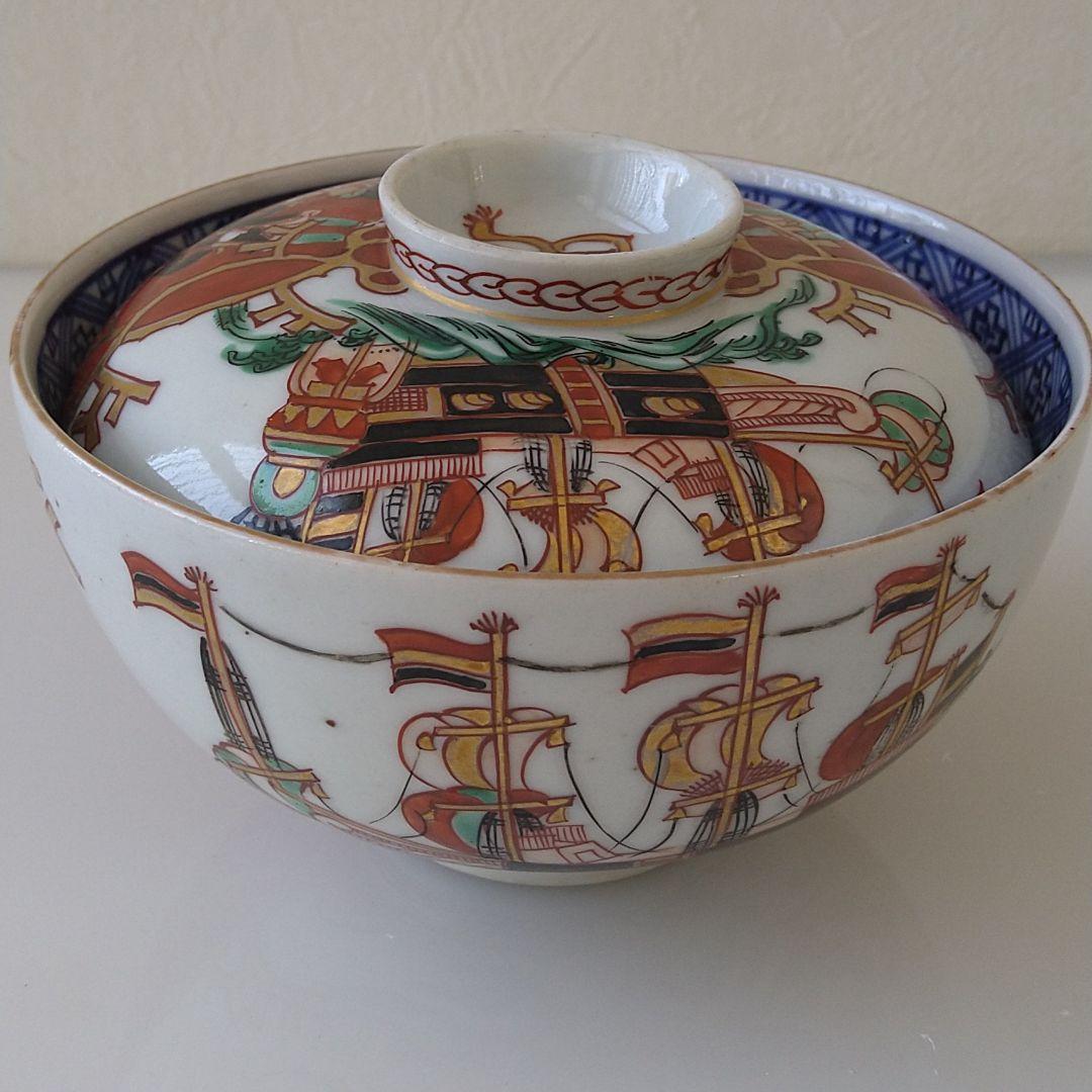 NO.14伊萬里色絵蘭人蘭船図蓋付茶碗五客