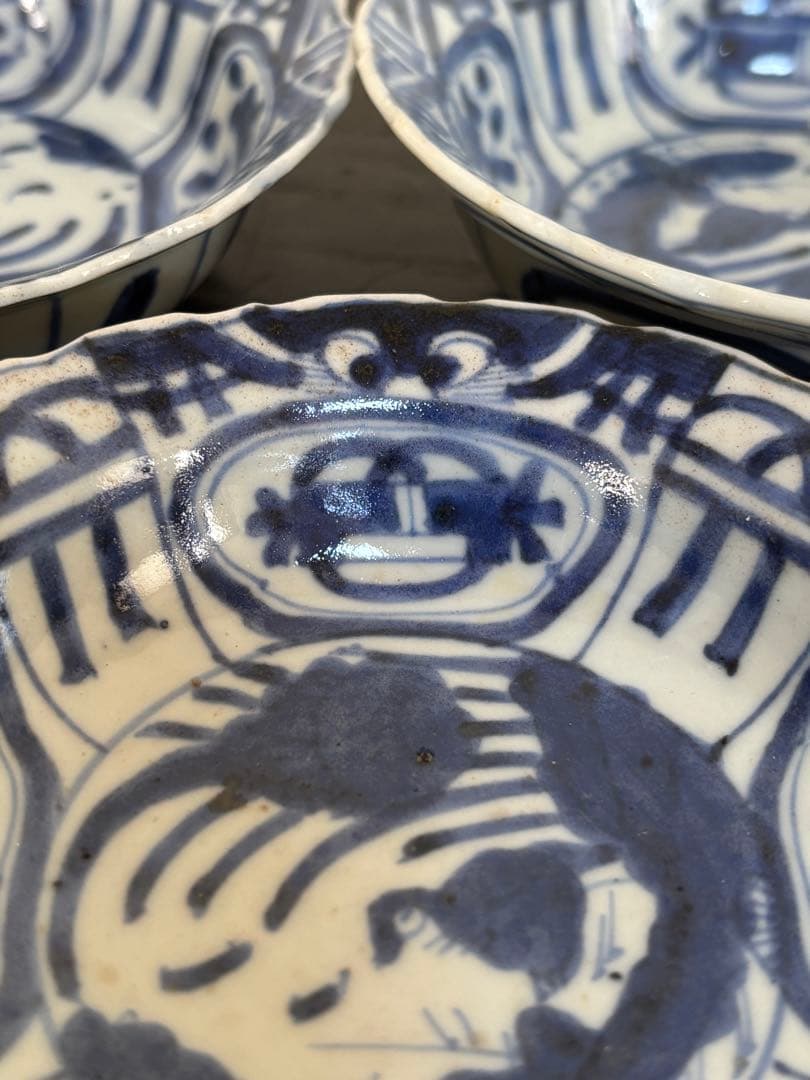 染付芙蓉手獣面図 小皿 モンスターマスク 縁起物 古伊万里 三田焼 5客揃