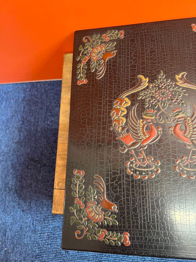 1443 木箱 道具箱  漆塗り 盛漆絵 正倉院鳳凰図 花喰鳥 極楽鳥花 花柄