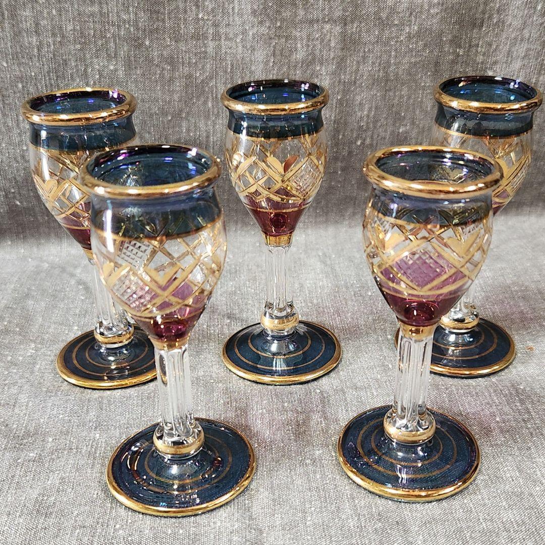 ボヘミアンガラスのカットガラス装飾グラス5個セット