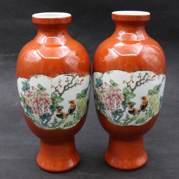 紅釉蒔絵花鳥観音瓶一対 景徳鎮 陶磁器 装飾品 現代工芸品美術品 置物
