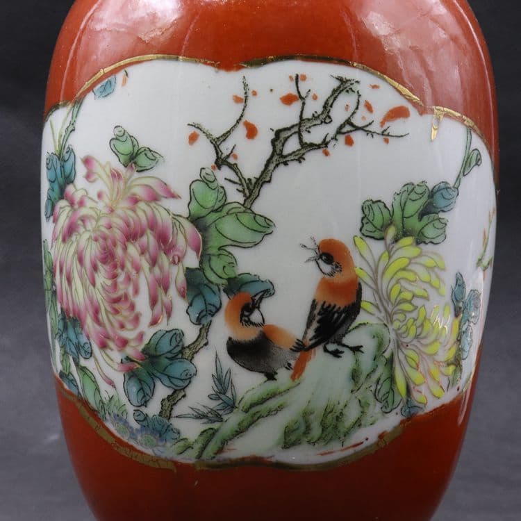 紅釉蒔絵花鳥観音瓶一対 景徳鎮 陶磁器 装飾品 現代工芸品美術品 置物