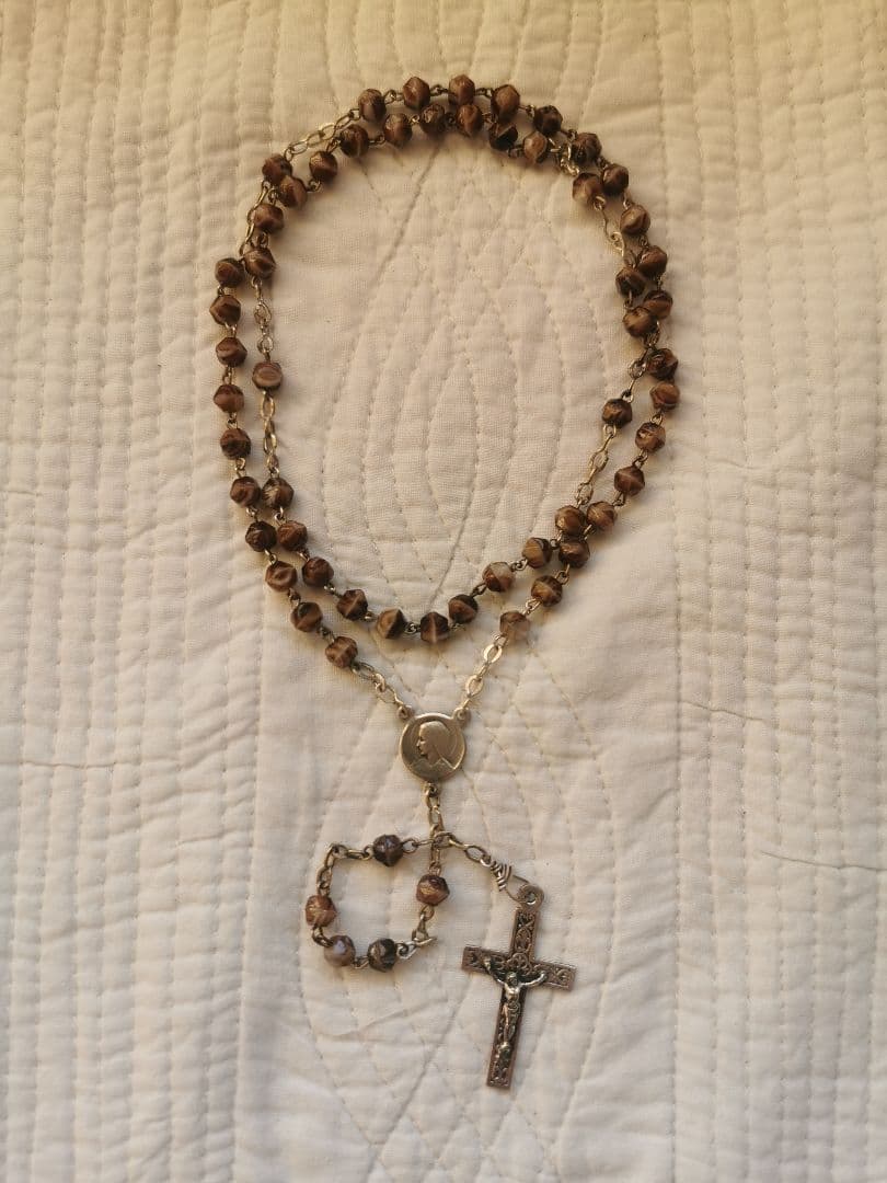 アンティーク ベルギーイタリア ブラウンマーブルガラス マリアとイエスのロザリオ