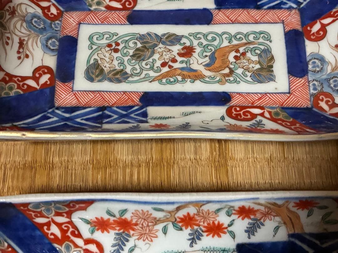 古伊万里 金彩 色絵 鳳凰紋 長皿 長方皿 二枚揃い 時代物