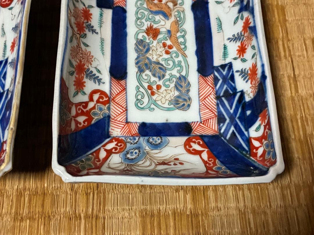 古伊万里 金彩 色絵 鳳凰紋 長皿 長方皿 二枚揃い 時代物