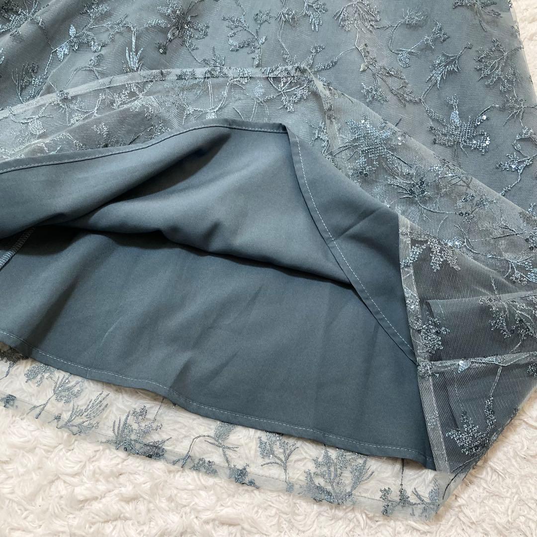 レジャ 花柄レーススパンコールハートカットドレス ロングワンピース M ブルー