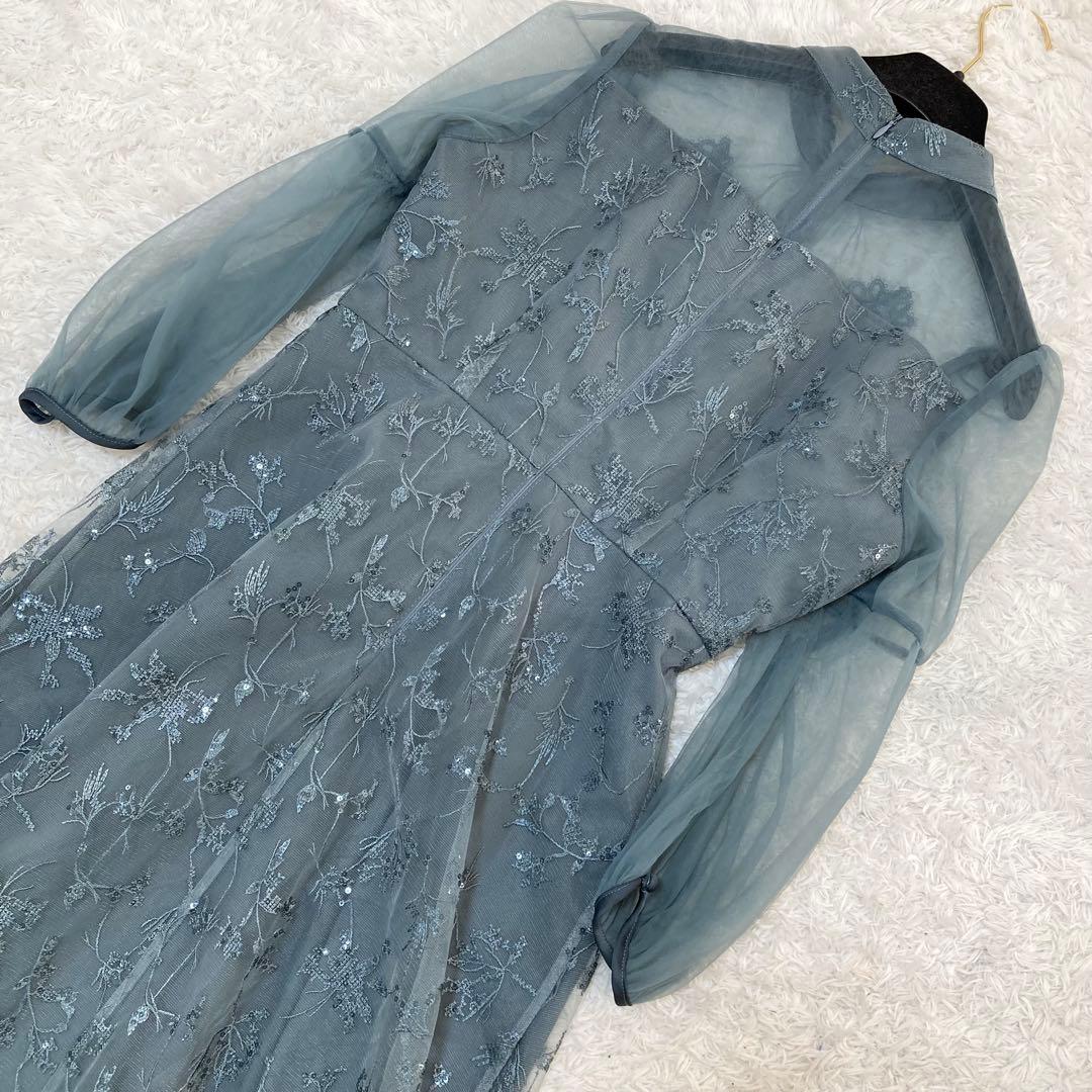 レジャ 花柄レーススパンコールハートカットドレス ロングワンピース M ブルー