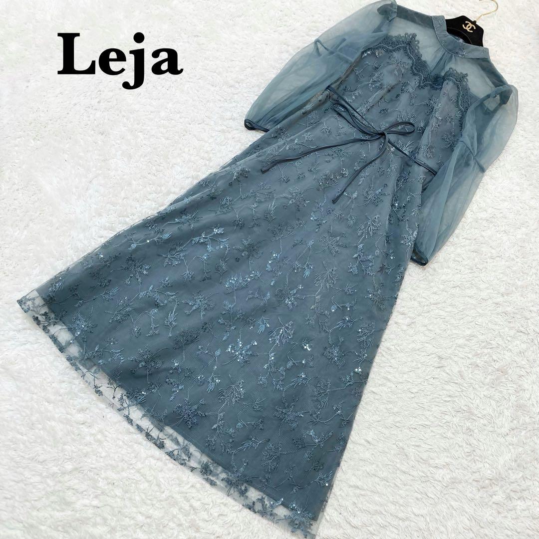 レジャ 花柄レーススパンコールハートカットドレス ロングワンピース M ブルー