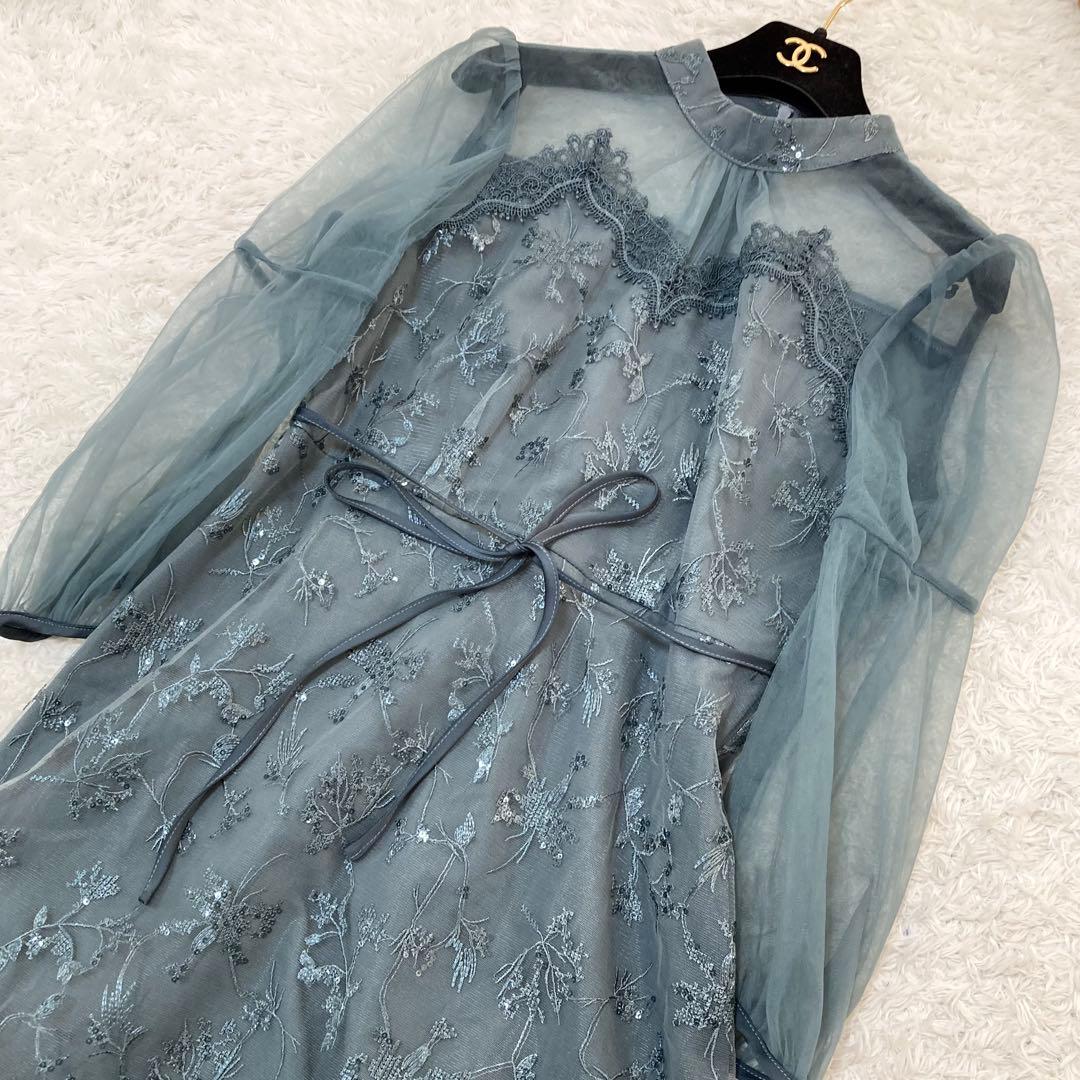 レジャ 花柄レーススパンコールハートカットドレス ロングワンピース M ブルー