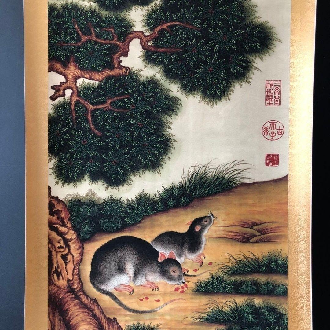 郎世寧 十二生肖・子（鼠） 鼠図 三尺中堂 掛軸　174×77cm 鑑賞用