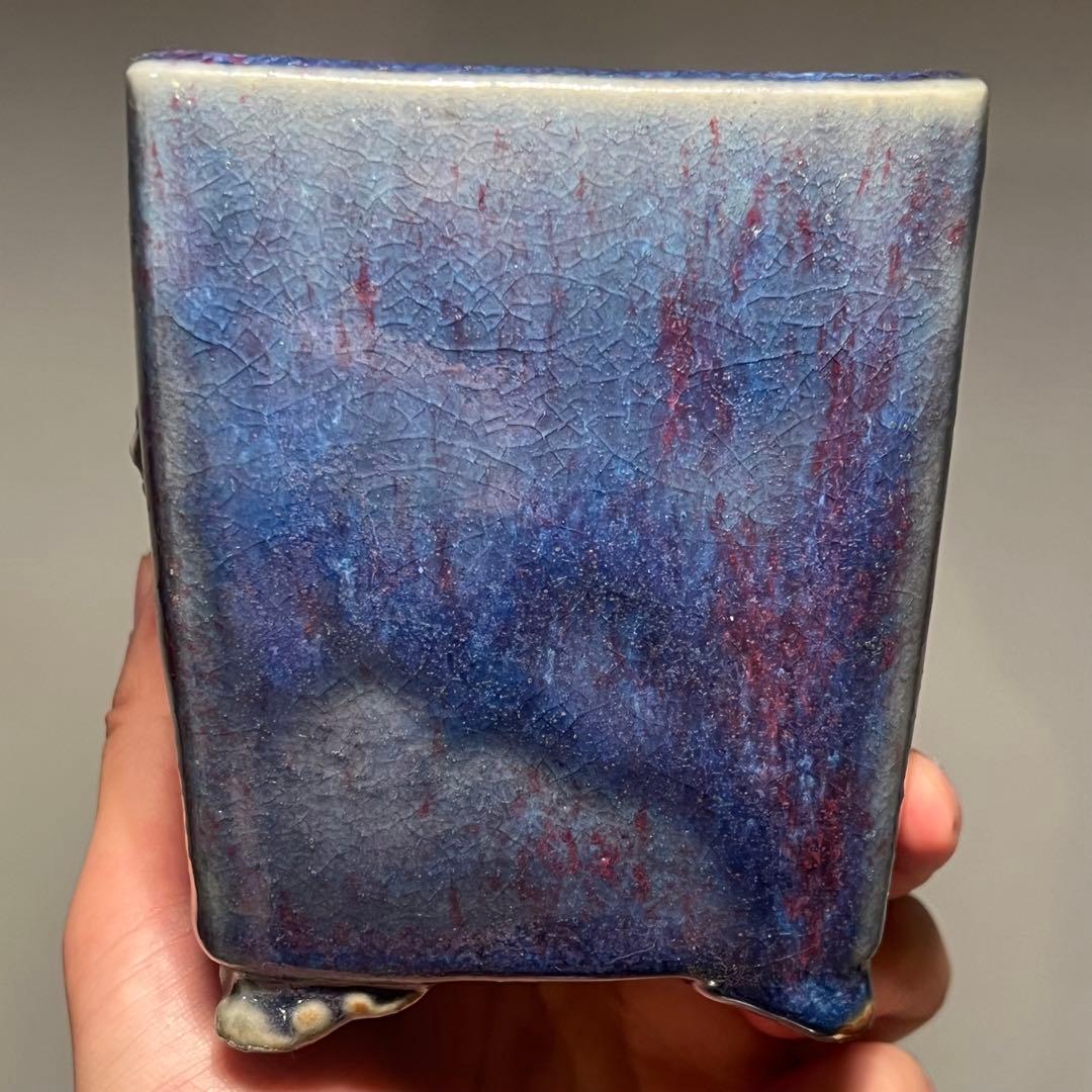 838.平安虹泉 模様紋雲足正方 盆栽鉢 植木鉢 9.8*10.1*11.8cm