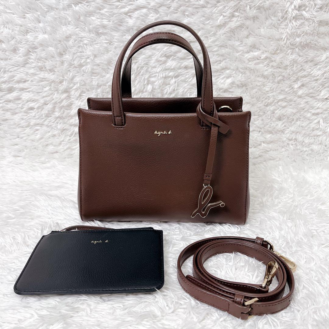 アニエスベー 2way レザーショルダーバッグ　ブラウン　チャーム ポーチ付