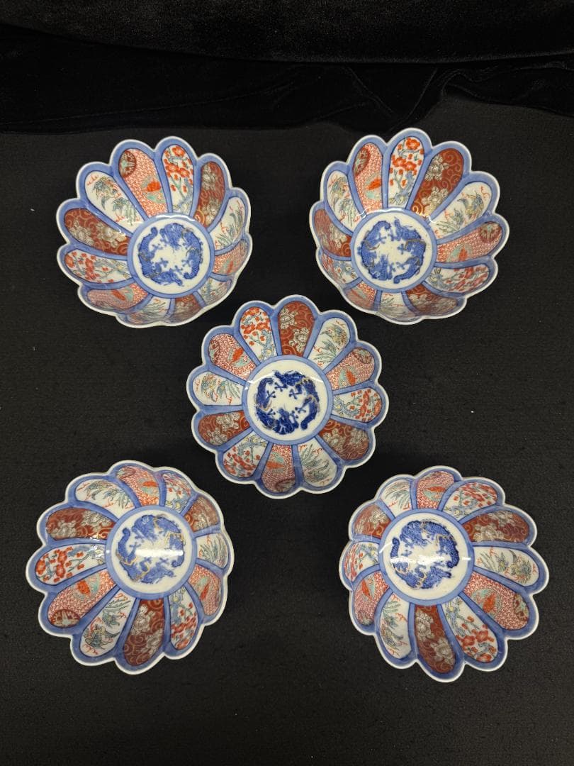 値下げ！希有 明治の有田焼　年木庵江上製　色絵12弁の菊形輪花向付　骨董