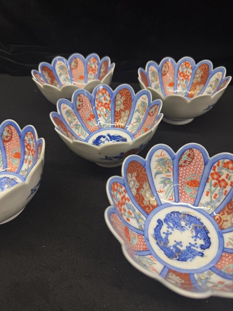 値下げ！希有 明治の有田焼　年木庵江上製　色絵12弁の菊形輪花向付　骨董