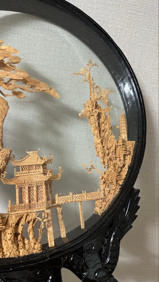 木製風景彫刻 置物 直径約30cm