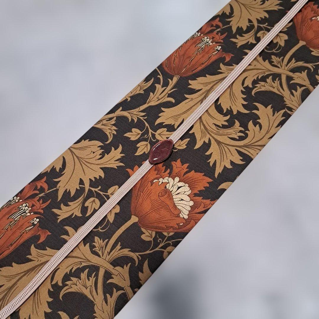 半幅帯　長尺　ウィリアムモリス　アネモネ　赤茶　×ウィローボゥ　リバーシブル