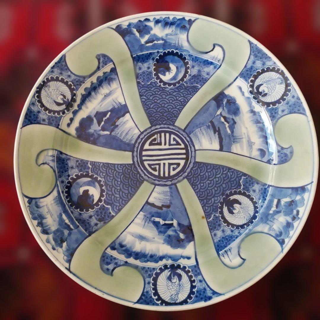希少　珍品　 古伊万里 有田官窯　青磁染付大皿　特大皿　口径約44cm　有田焼