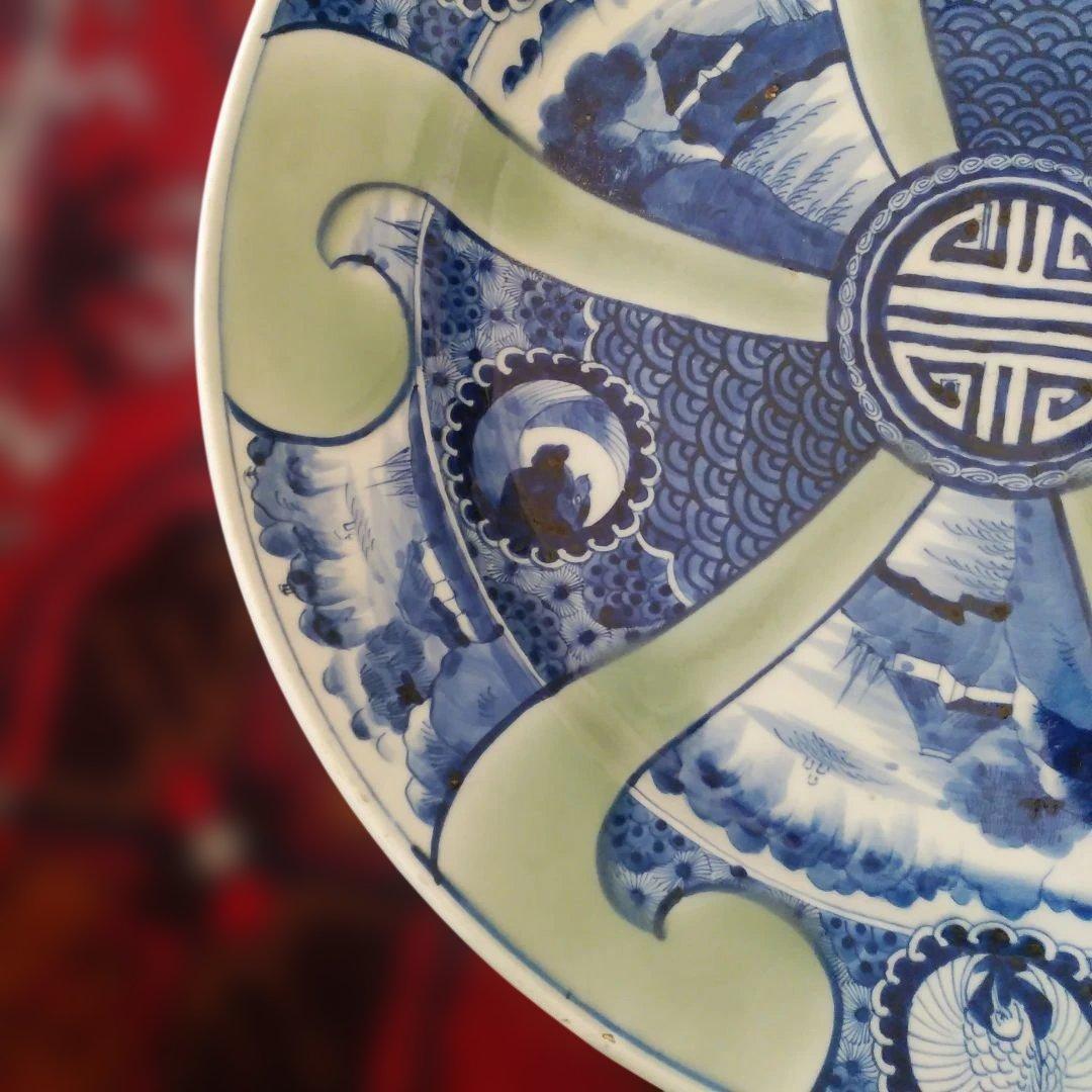希少　珍品　 古伊万里 有田官窯　青磁染付大皿　特大皿　口径約44cm　有田焼