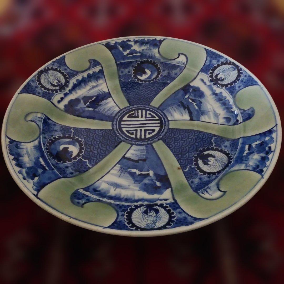 希少　珍品　 古伊万里 有田官窯　青磁染付大皿　特大皿　口径約44cm　有田焼
