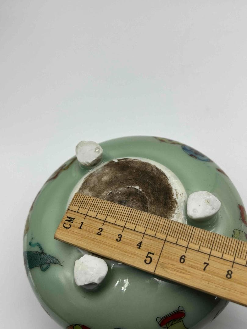 清光緒時代 豆青釉皮球花双系耳三足香炉　【旧家蔵出し】　精密繊細(E-54)