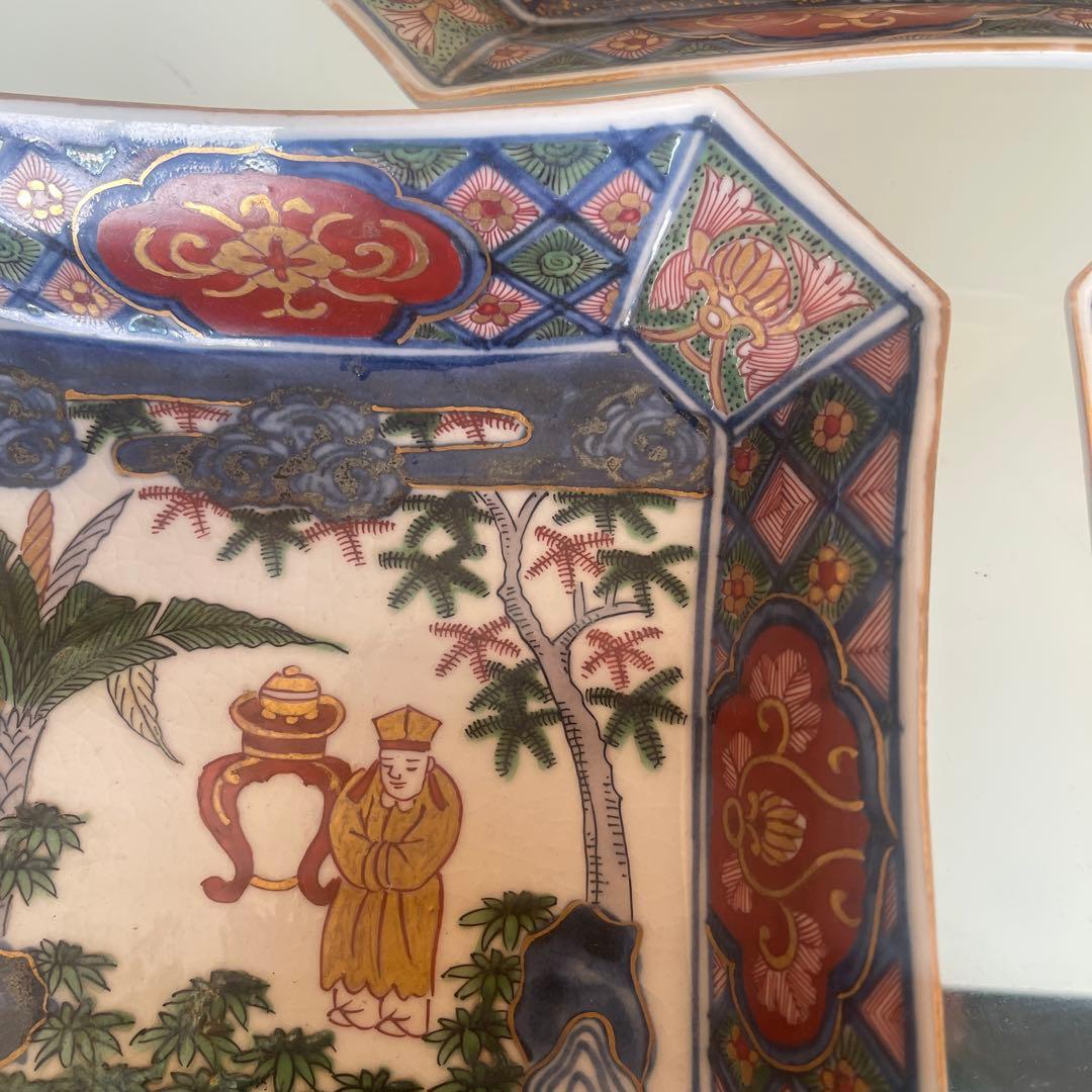 江戸時代　古伊万里　四角皿　金襴手 3客