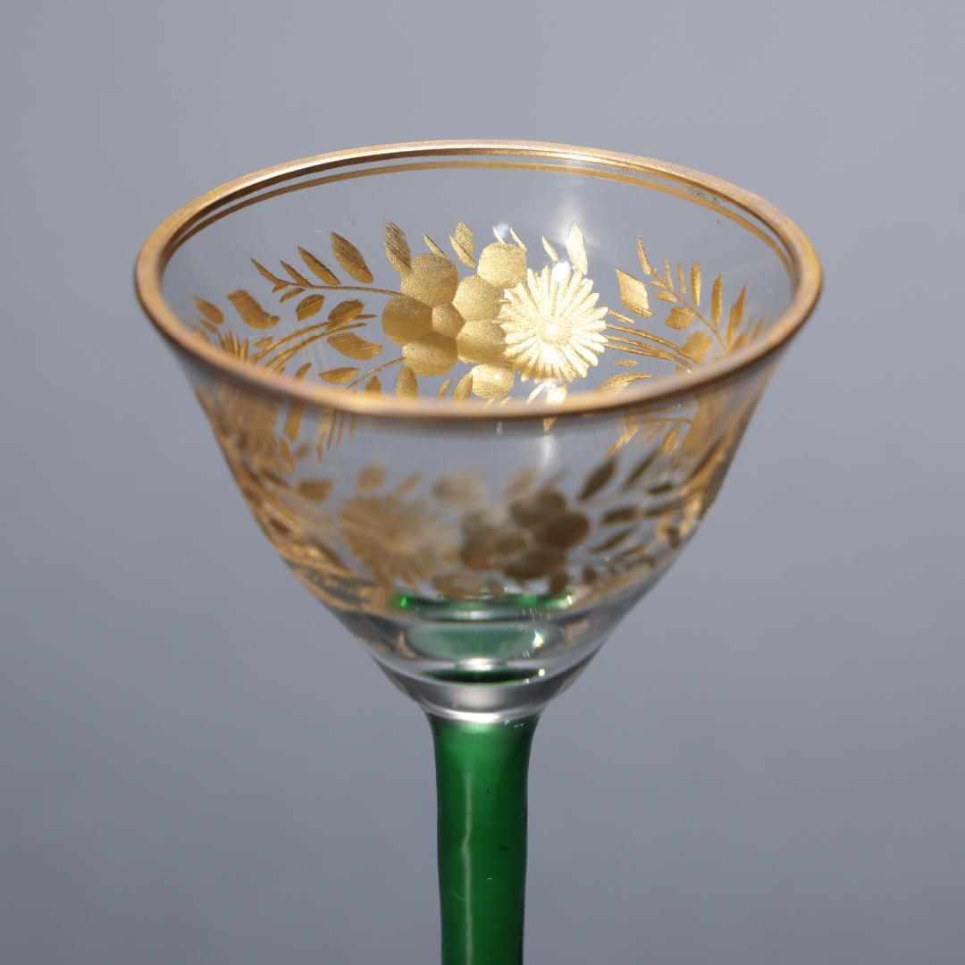 アンティークグラス　リキュールグラス　金彩に緑のステム　R1346ダI